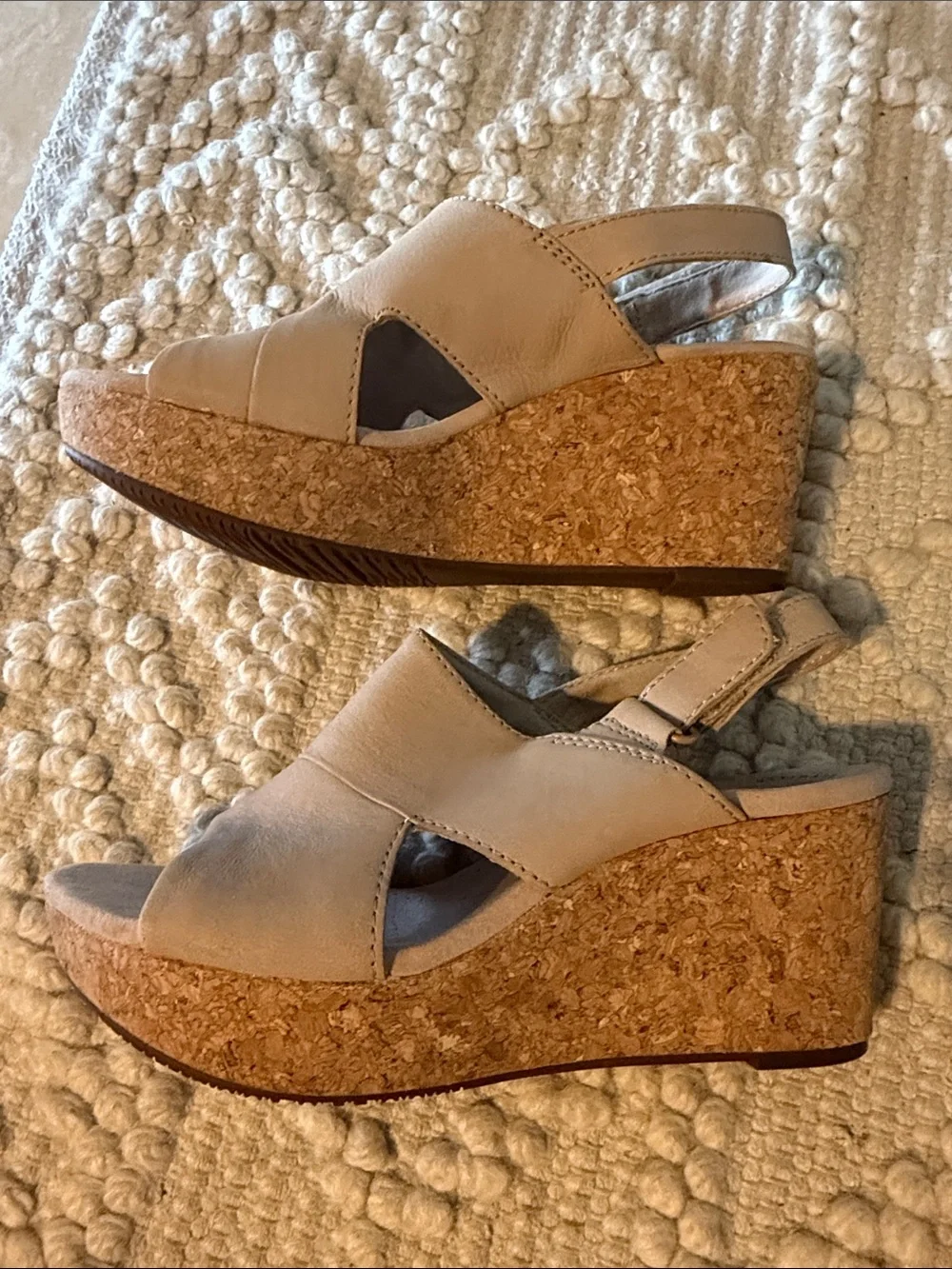 Clark’s collection annadel Beige Cork Wedge Sandals comfort cushion Open Toe 8.5